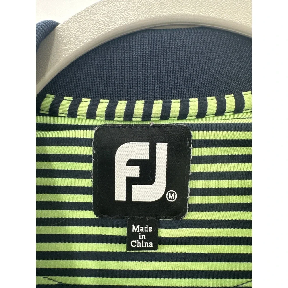 FootJoy Mens Golf Polo Shirt Medium Lime Green Navy Blue Striped Short Sleeve FJ
